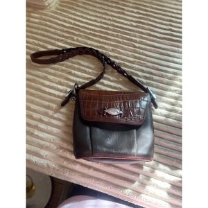 Brighton Croc Embossed Leather Shoulder Bag Heart Charm Brown Adjustable Strap